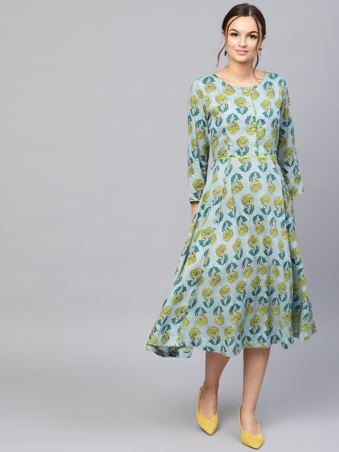 

SASSAFRAS Women Grey & Green Printed Fit and Flare Dress