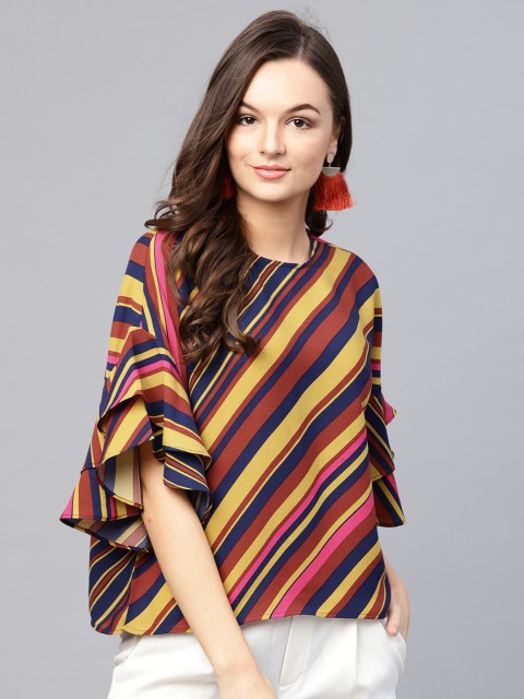 

SASSAFRAS Women Pink & Mustard Yellow Striped Top