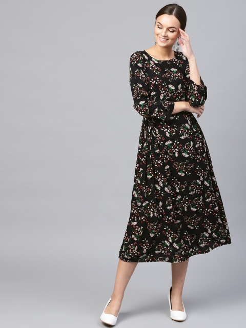 

SASSAFRAS Women Black Printed Fit and Flare Dress