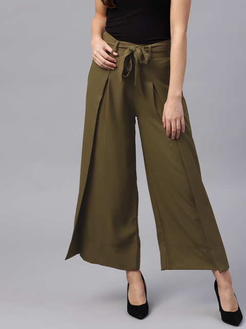

SASSAFRAS Women Olive Green Solid Regular Fit Parallel Trousers