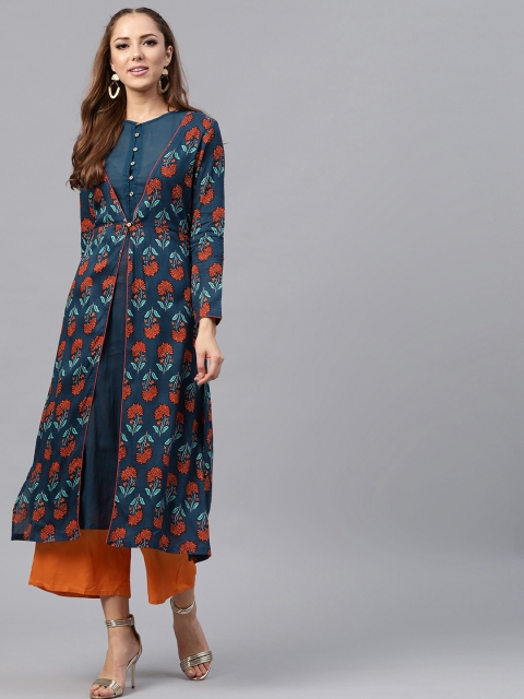 

SASSAFRAS Women Teal Blue Solid A-Line Kurta with Printed Ethnic Jacket