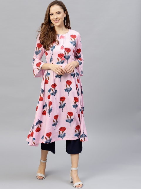 

SASSAFRAS Women Pink & Red Floral Printed A-Line Kurta