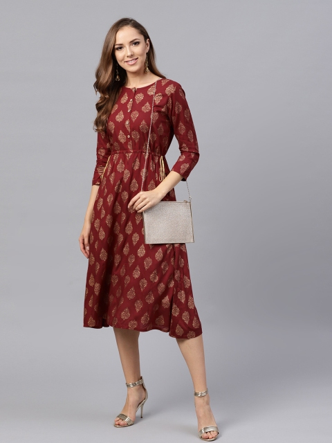 

SASSAFRAS Women Maroon Printed Fit and Flare Dress