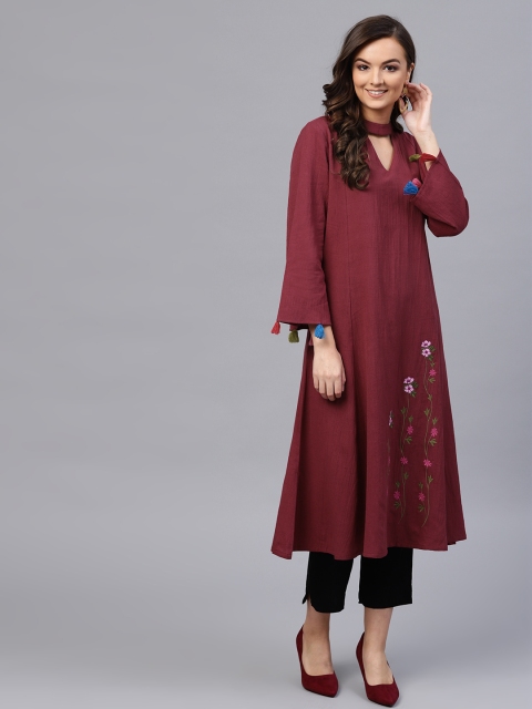 

SASSAFRAS Women Maroon Solid A-Line Kurta