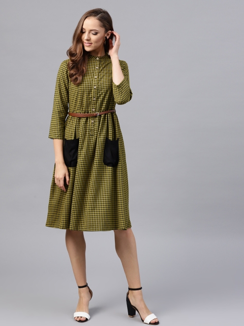 

SASSAFRAS Women Olive Green & Black Checked A-Line Dress