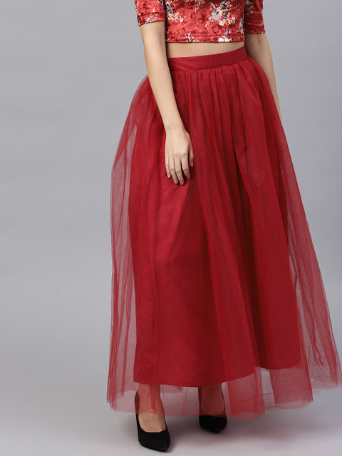 

SASSAFRAS Women Maroon Solid Maxi Flared Net Skirt