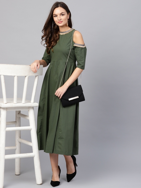 

SASSAFRAS Women Olive Green Cold-Shoulder Empire Dress