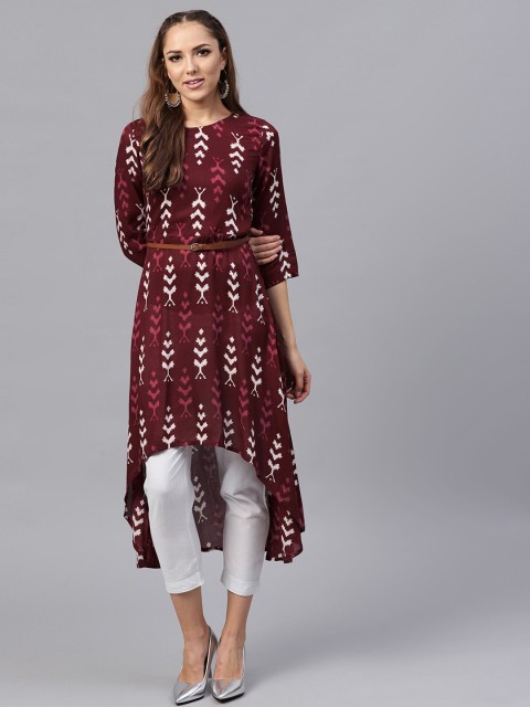 

SASSAFRAS Women Maroon & Off-White Ikat Print High-Low A-Line Kurta