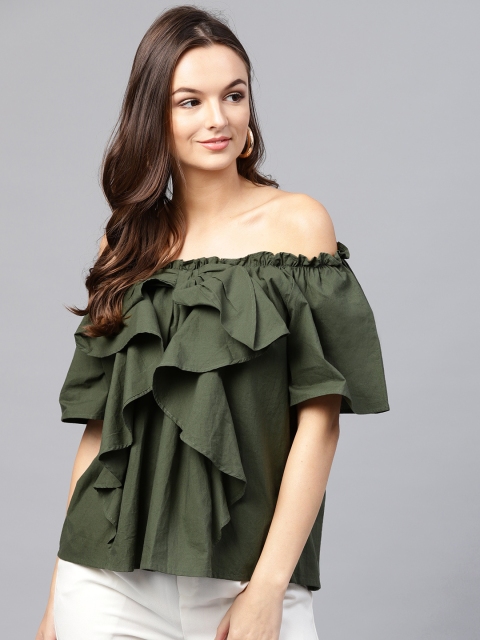

SASSAFRAS Women Olive Green Solid Ruffled Bardot Pure Cotton Top