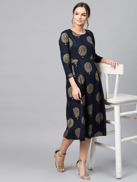 

SASSAFRAS Women Navy Blue & Golden Printed A-Line Dress