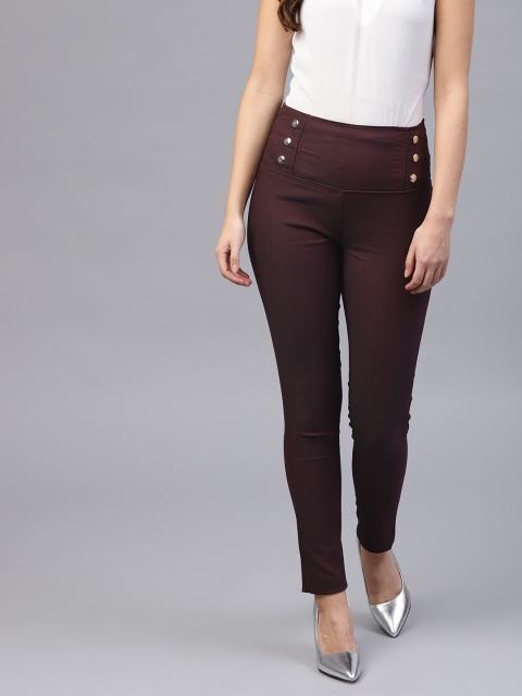 

SASSAFRAS Women Burgundy Skinny Fit Solid High-Rise Jeggings