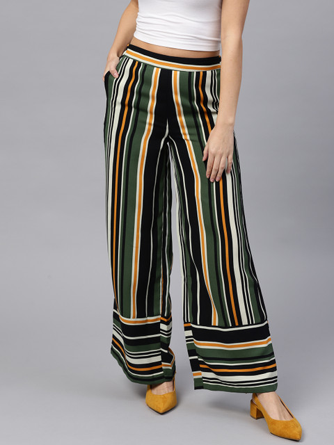 

SASSAFRAS Women Olive Green & Black Striped Parallel Trousers