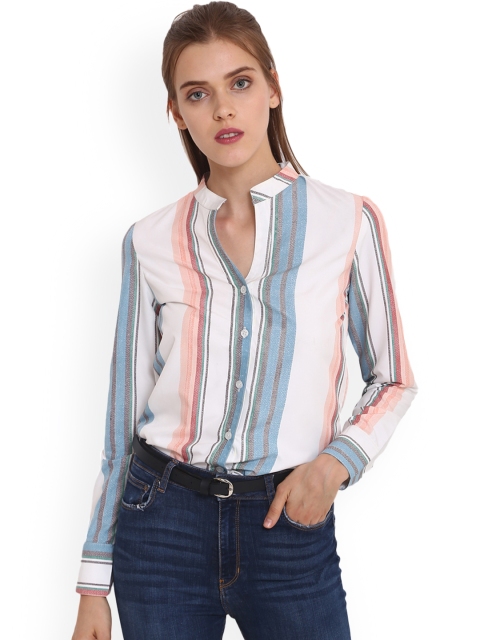 

PURYS Women White & Blue Regular Fit Striped Casual Shirt