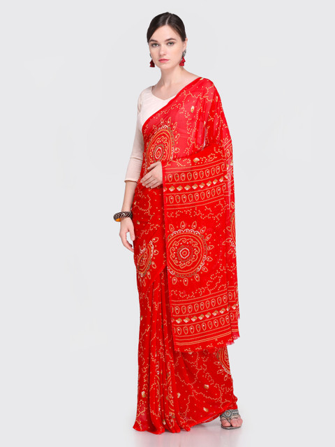 

Ligalz Red Printed Poly Georgette Saree
