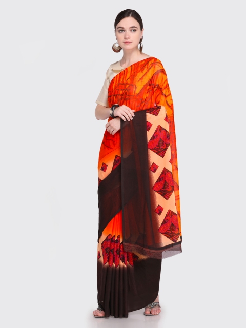 

Ligalz Orange & Brown Poly Chiffon Printed Saree