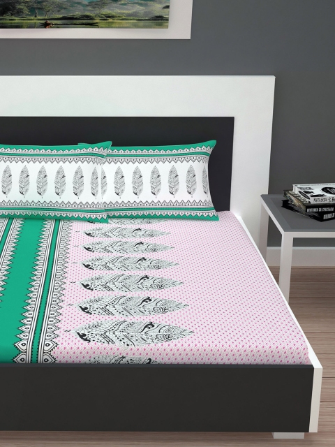 

Divine Casa Pink & Green Printed Flat 144 TC Cotton Double Bedsheet with 2 Pillow Covers
