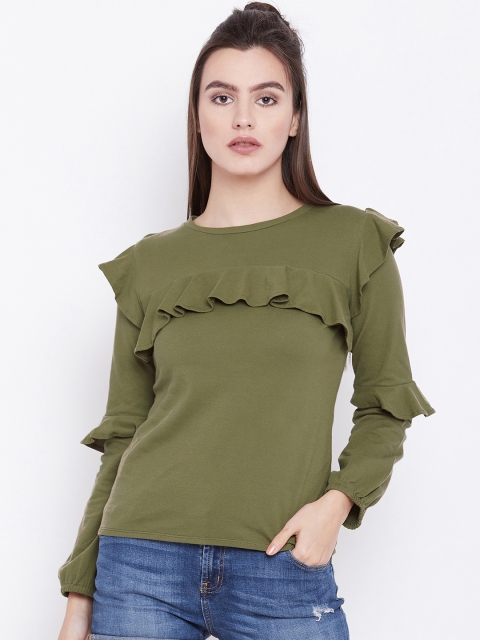 

THE SILHOUETTE STORE Women Olive Green Solid Pure Cotton Top