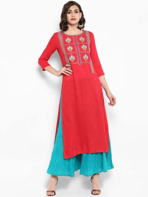 

Varanga Women Coral Red & Blue Embroidered Kurta with Palazzos