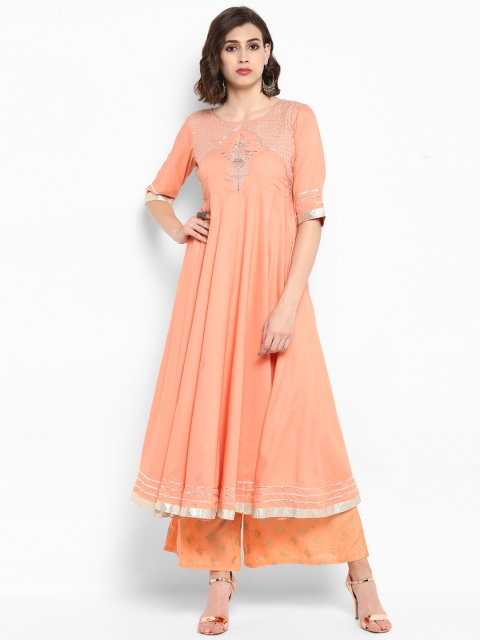 

Varanga Women Peach-Coloured Embroidered Kurta with Palazzos