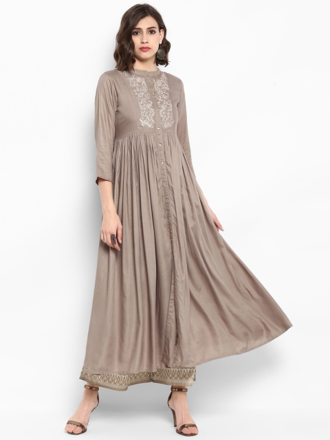 

Varanga Women Taupe Embroidered A-Line Kurta with Palazzos