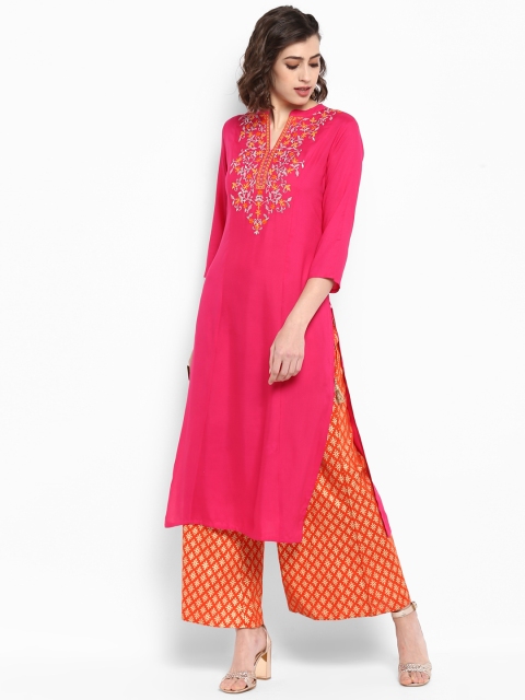 

Varanga Women Pink & Orange Embroidered Kurta with Palazzos