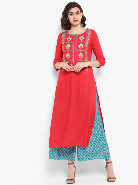 

Varanga Women Coral Pink & Blue Embroidered Kurta with Palazzos