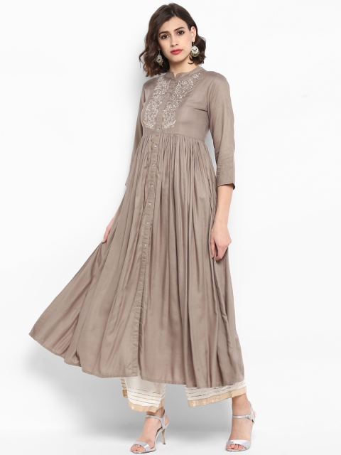 

Varanga Women Taupe & White Embroidered Kurta with Palazzos