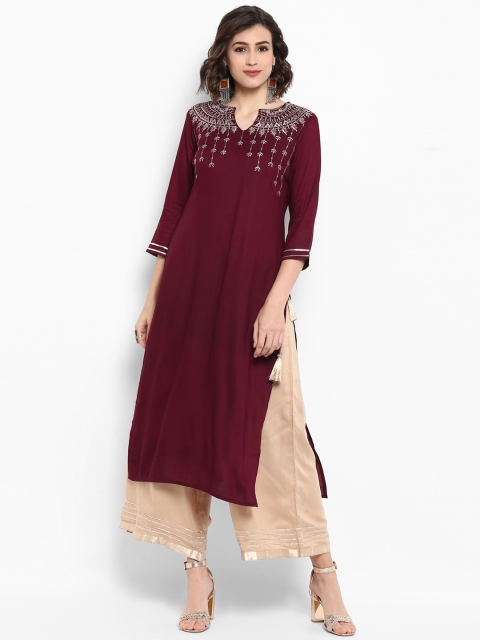 

Varanga Women Burgundy & Beige Embroidered Kurta with Palazzos