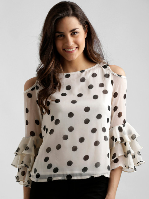 

Miss Chase Women Off-White Polka Dot Ruffle Cold-Shoulder Top