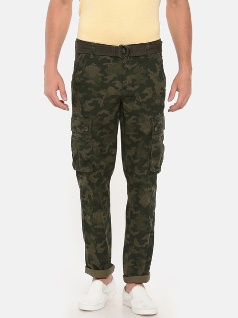 

t-base Men Olive Green Regular Fit Camouflage Print Cargos