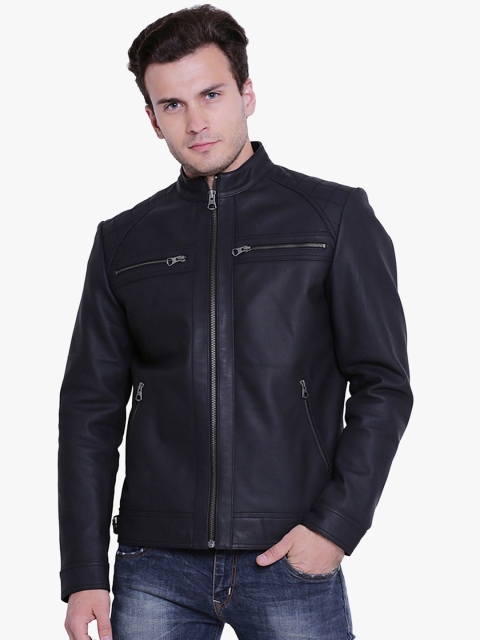 

Justanned Men Black Solid Leather Jacket