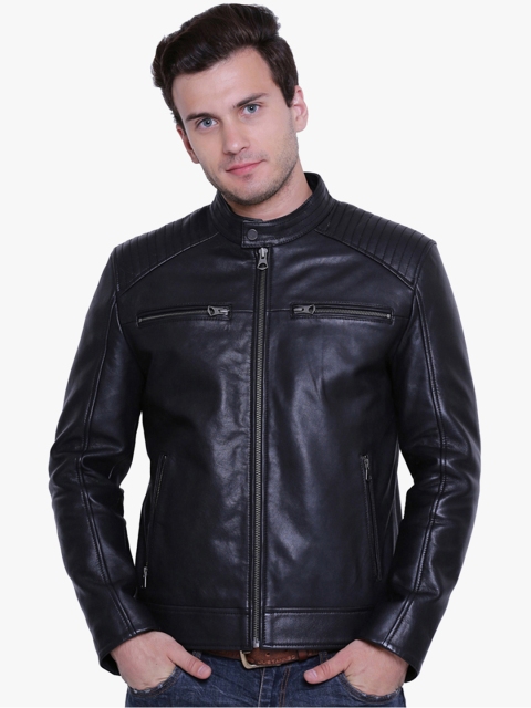 

Justanned Men Black Solid Leather Jacket