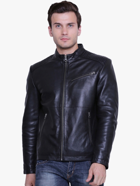 

Justanned Men Black Solid Leather Jacket