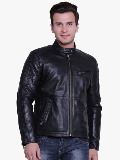 

Justanned Men Black Solid Leather Jacket