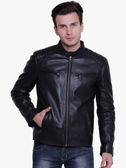 

Justanned Men Black Solid Leather Jacket