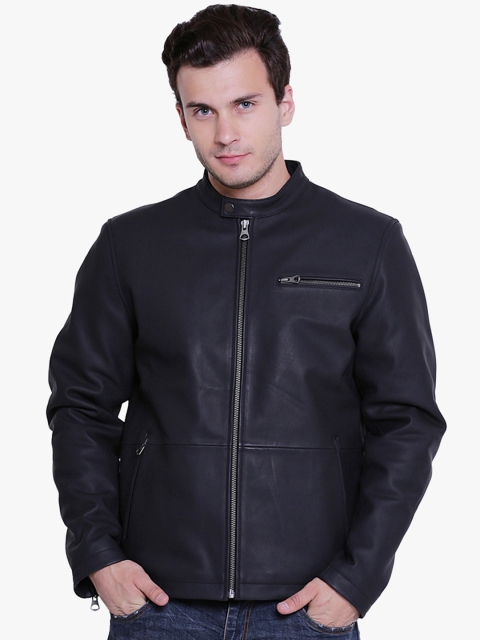 

Justanned Men Black Solid Leather Jacket