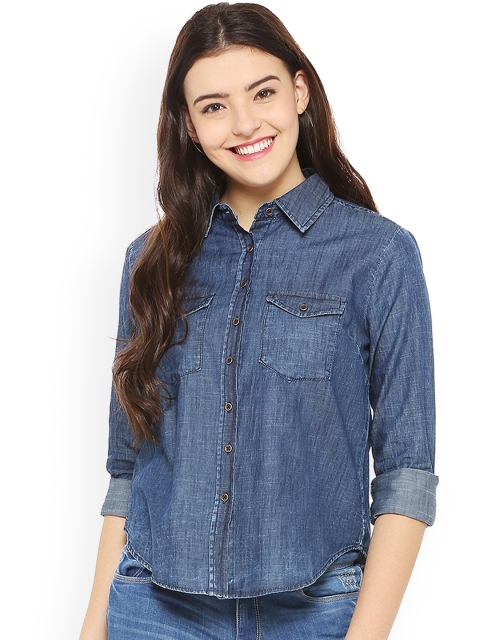 

People Women Blue Regular Fit Solid Casual Shirt