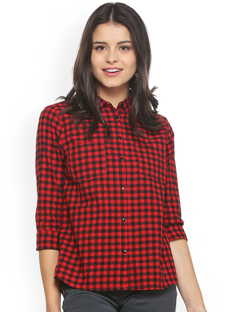 

People Women Red & Black Regular Fit Checked Casual Shirt
