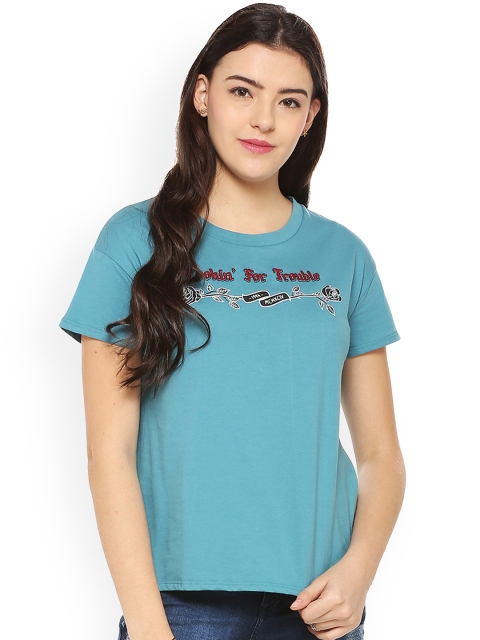 

People Women Blue Printed Round Neck T-shirt