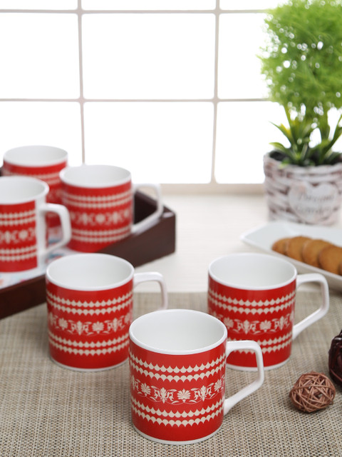 

India Circus Set of 6 Red & White Printed Bone China Cups