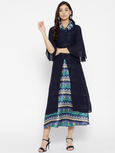 

Cottinfab Women Blue Printed Maxi Dress