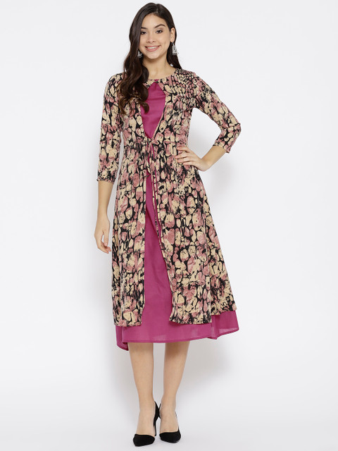 

Cottinfab Women Cream-Coloured & Purple Printed Layered Midi A-Line Dress