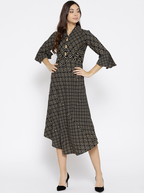 

Cottinfab Women Black & Beige Printed Midi Empire Dress