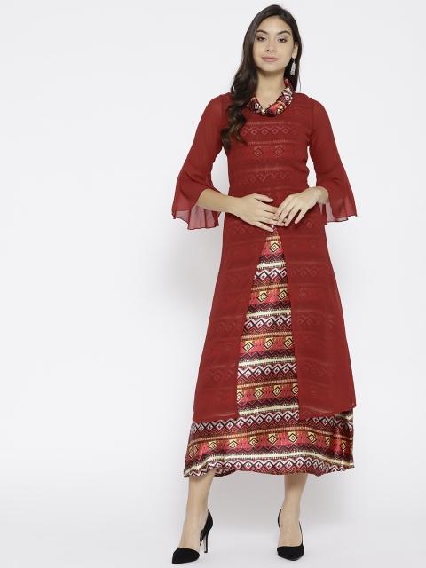

Cottinfab Women Maroon Solid Layered Midi A-Line Dress