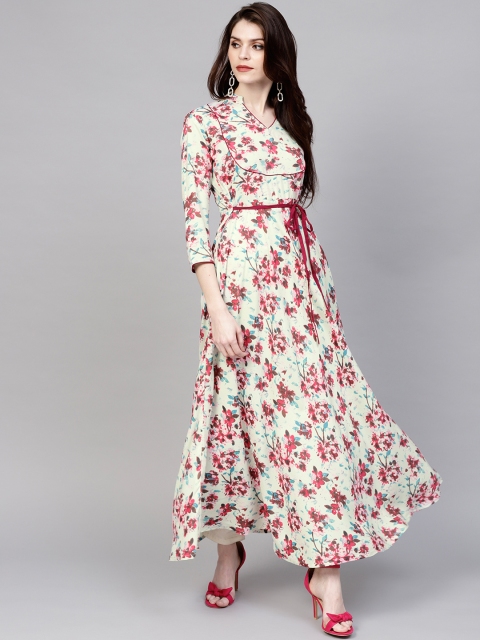 

Yufta Women Sea Green & Pink Floral Printed A-Line Kurta