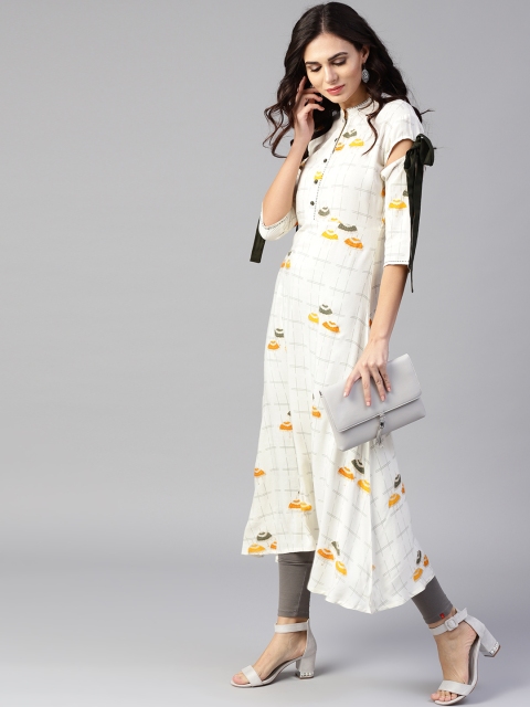 

Yufta Women Off-White & Mustard Yellow Quirky Print A-Line Asymmetric Kurta