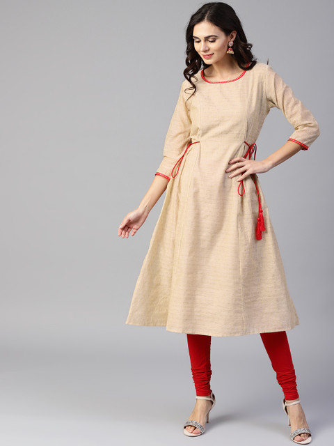 

Yufta Women Beige Woven Design A-Line Kurta