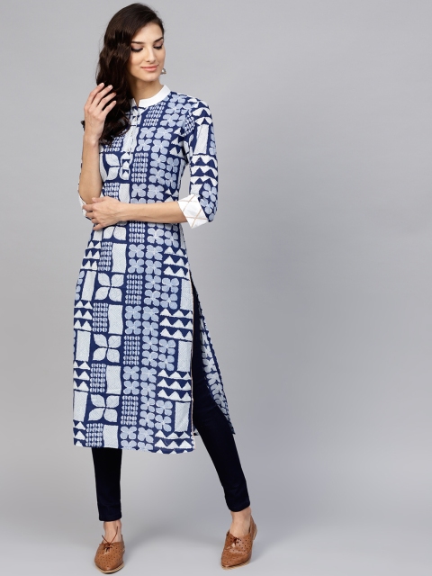 

Yufta Women Blue & White Printed Straight Kurta