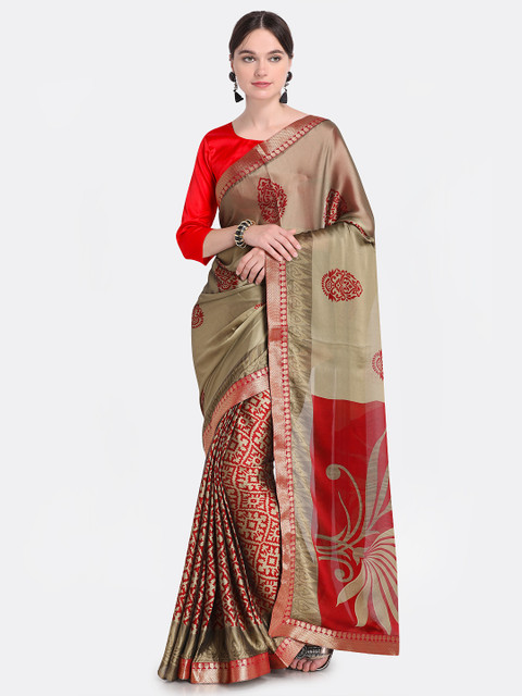 

Four Seasons Olive Green & Red Poly Crepe Woven Design Banarasi Saree