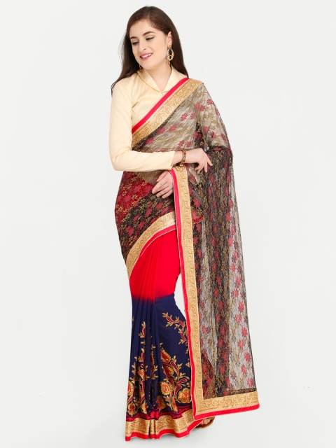 

Colors Coral Red & Navy Blue Poly Georgette Embroidered Saree